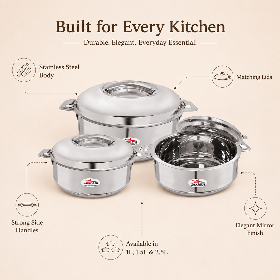 Nutristar stainless steel casserole set with lids and side handles 3 piece