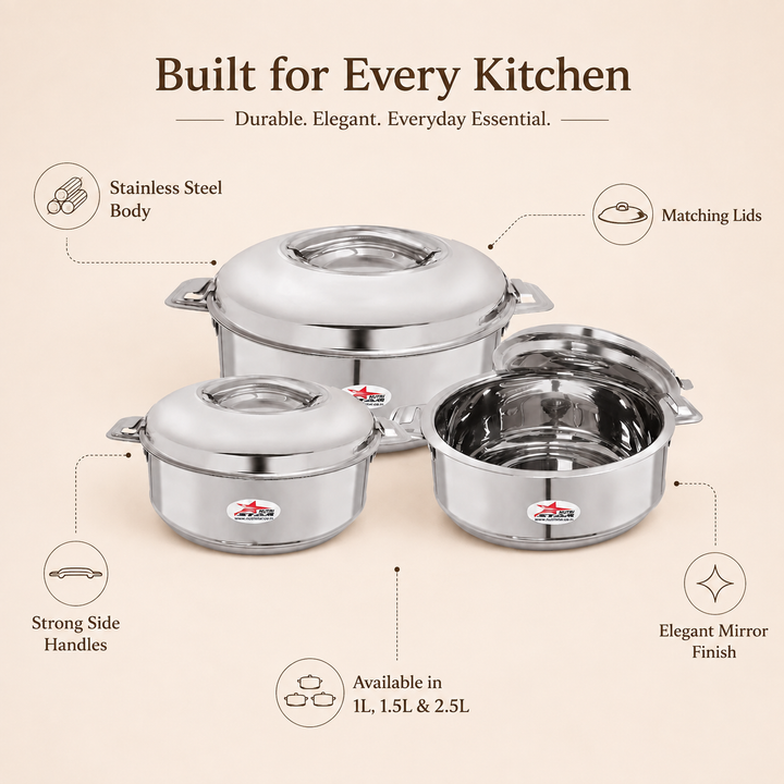 Nutristar stainless steel casserole set with lids and side handles 3 piece