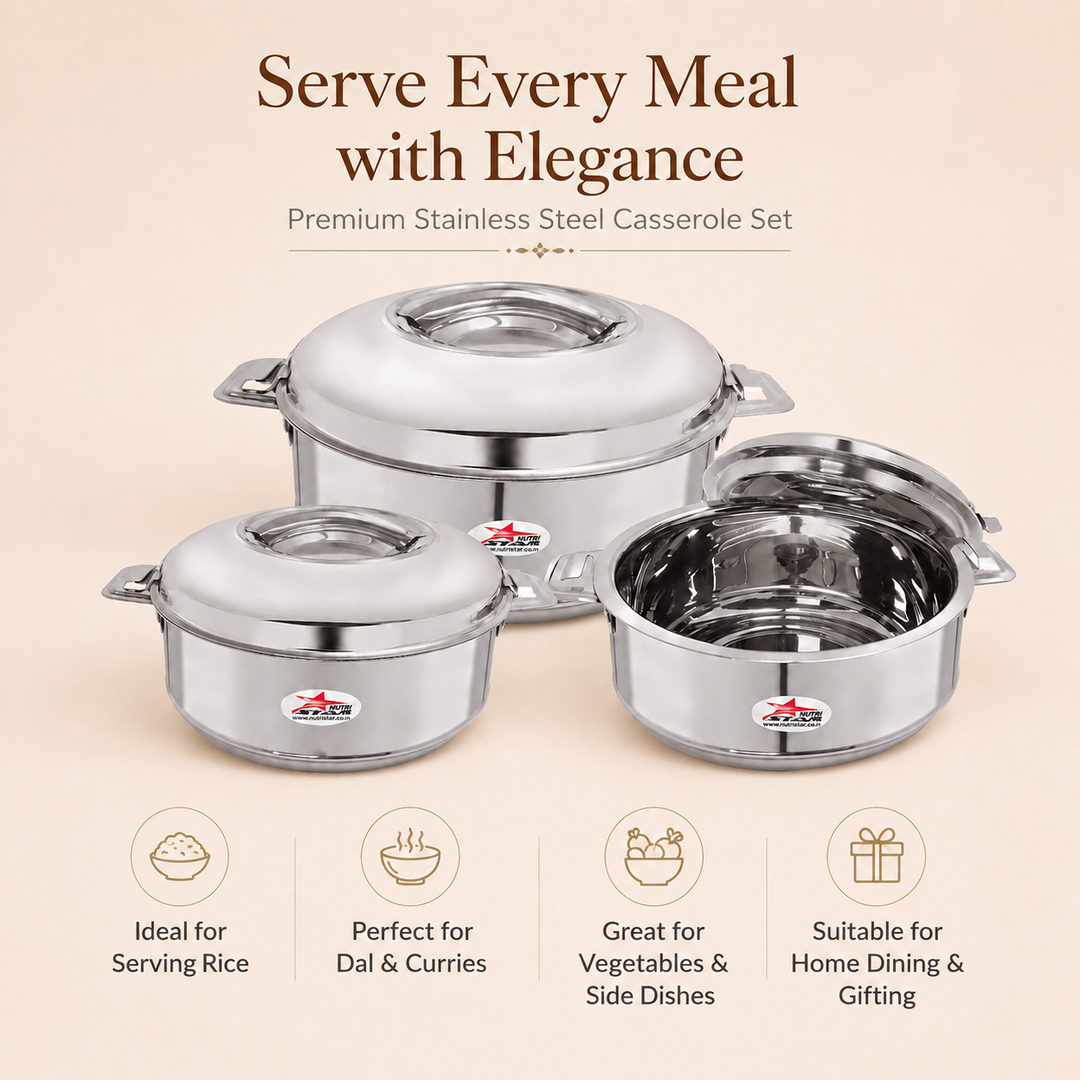 Nutristar stainless steel casserole set with lids and side handles 3 piece
