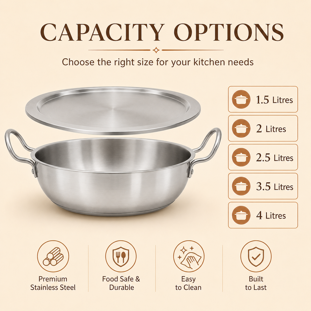 Aluminium Kadai with Stainless Steel Lid | Deep Frying Kadai for Cooking - size guide