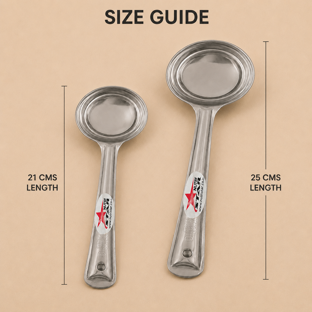 Nutristar stainless steel deep serving ladles in two sizes with long handles and round bowls