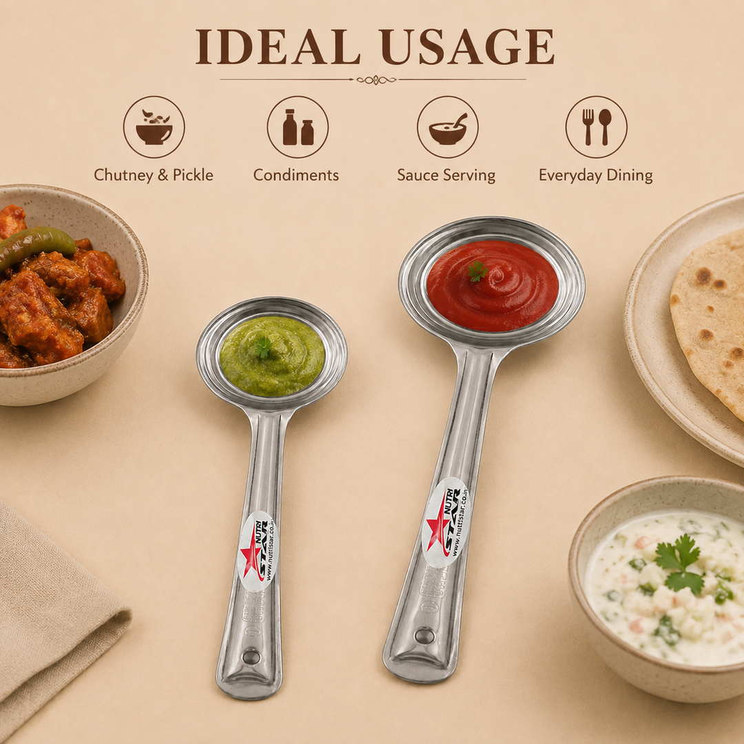 Nutristar stainless steel deep serving ladles in two sizes with long handles and round bowls