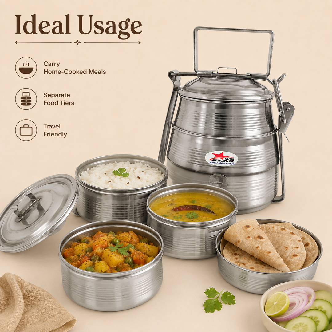 Nutristar stainless steel multi tier tiffin lunch box with carry handle