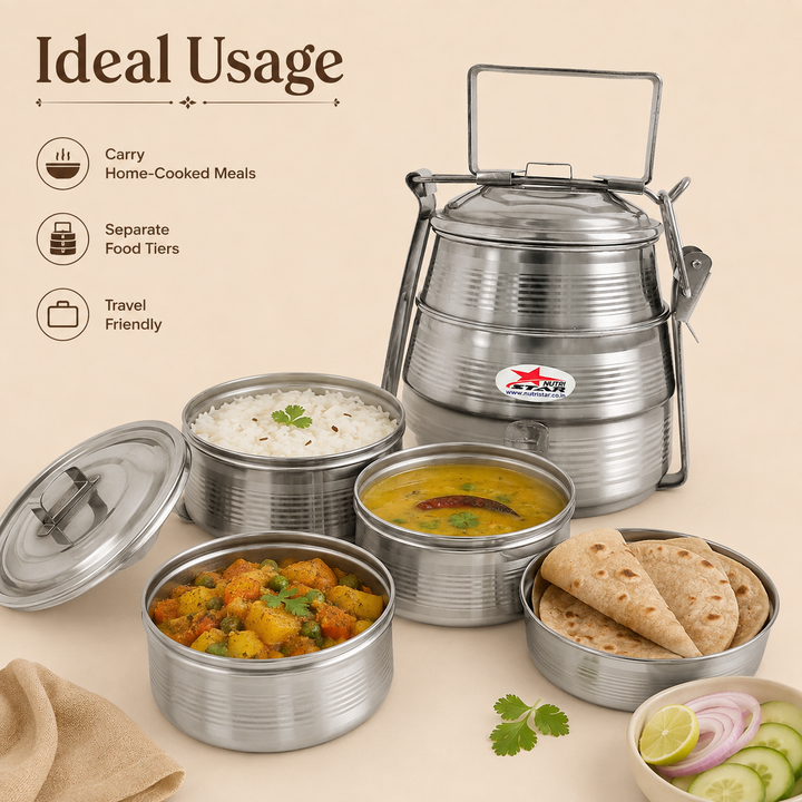 Nutristar stainless steel multi tier tiffin lunch box with carry handle