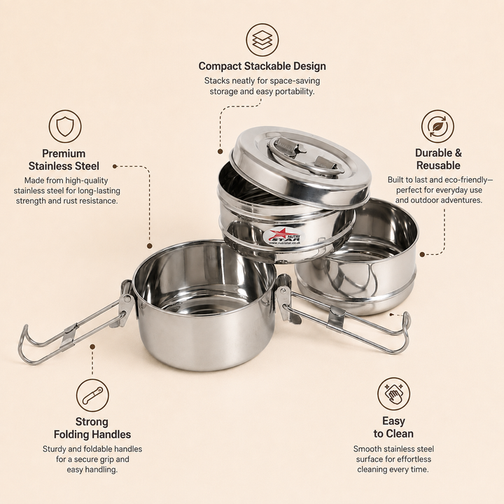 Nutristar stainless steel 3 tier tiffin lunch box with lid and folding handles