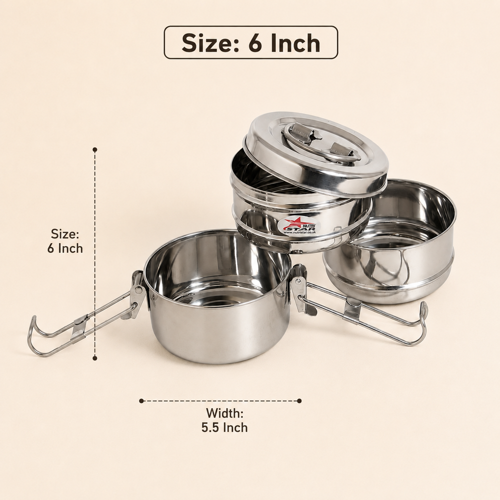 Nutristar stainless steel 3 tier tiffin lunch box with lid and folding handles