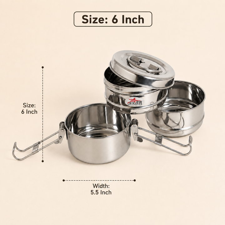 Nutristar stainless steel 3 tier tiffin lunch box with lid and folding handles