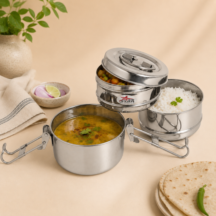 Nutristar stainless steel 3 tier tiffin lunch box with lid and folding handles
