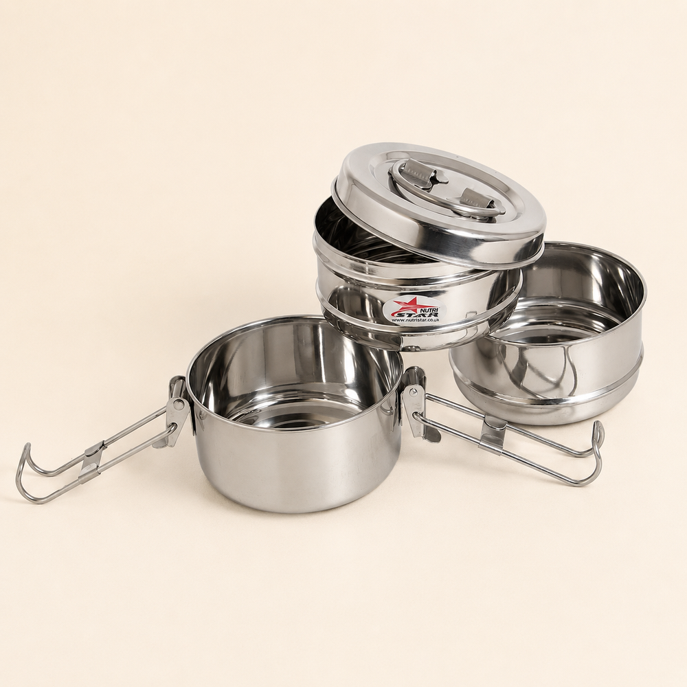 Nutristar stainless steel 3 tier tiffin lunch box with lid and folding handles