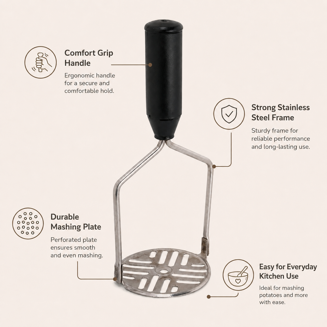 Nutristar stainless steel potato masher with black comfort grip handle and slotted mashing plate