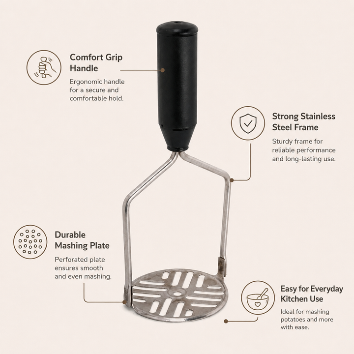 Nutristar stainless steel potato masher with black comfort grip handle and slotted mashing plate
