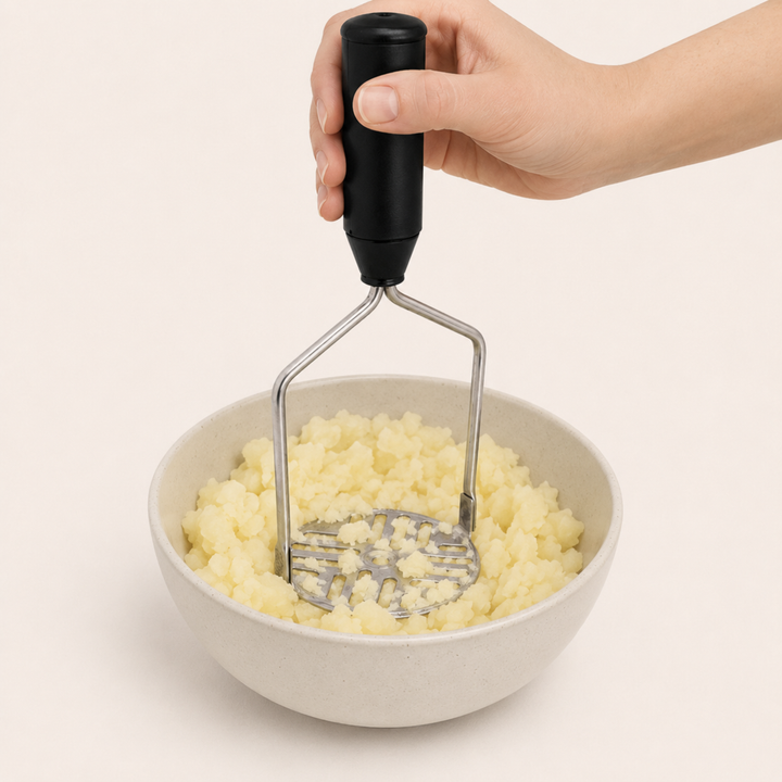 Nutristar stainless steel potato masher with black comfort grip handle and slotted mashing plate