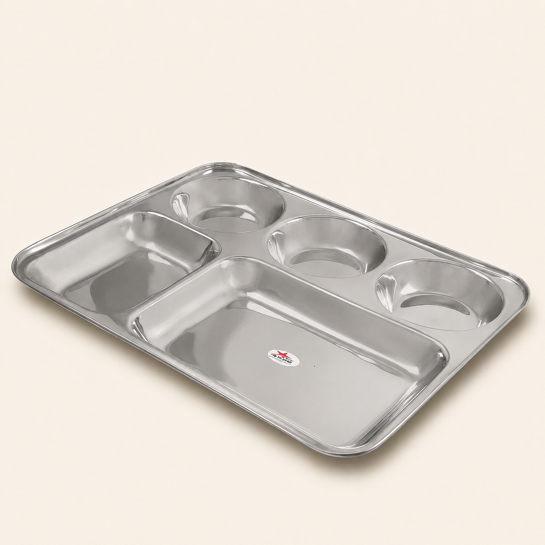 Nutristar stainless steel compartment meal tray with three round sections and two rectangular food compartments