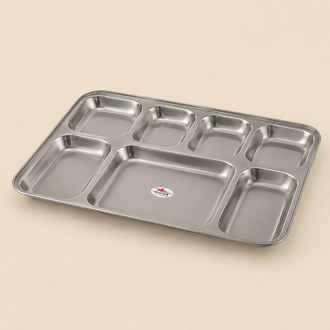 Nutristar stainless steel compartment meal tray with round sections and rectangular food compartments