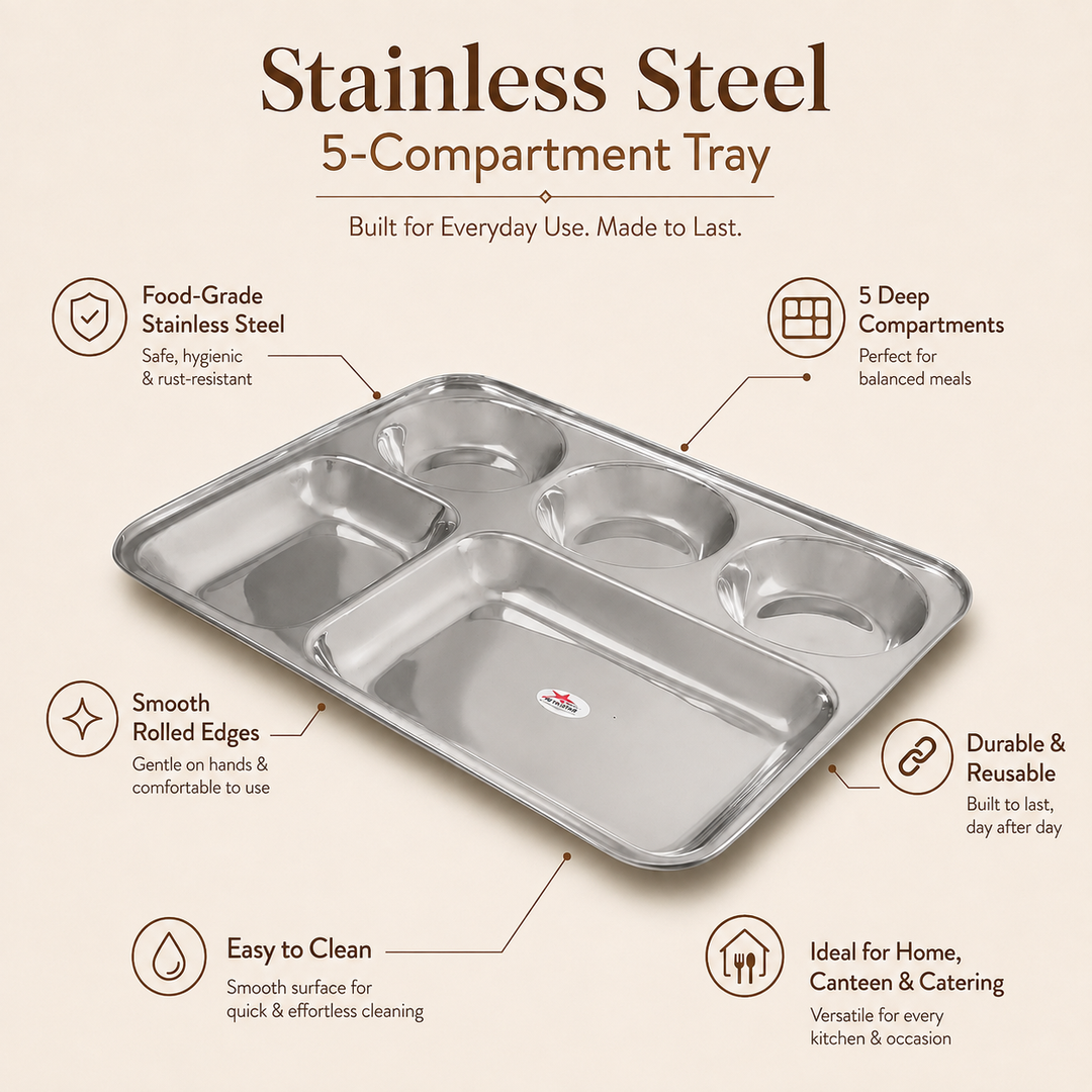 Nutristar stainless steel compartment meal tray with round sections and rectangular food compartments