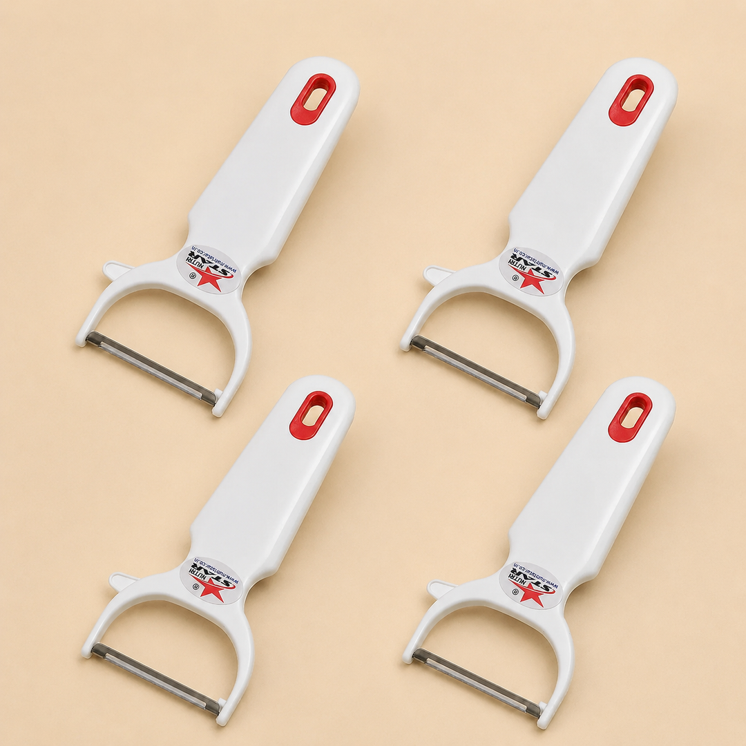 Nutristar white Y-shaped vegetable peeler with stainless steel blade and red hanging loop