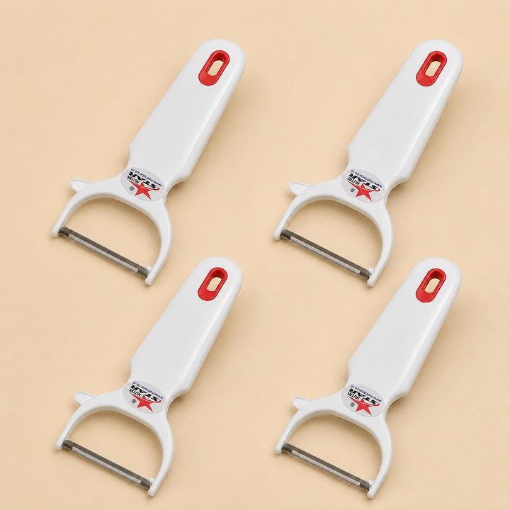 Nutristar white Y-shaped vegetable peeler with stainless steel blade and red hanging loop