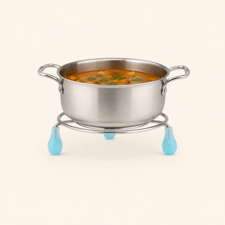 Nutristar 6 inch stainless steel round pot stand trivet with blue feet for hot cookware and serving vessels