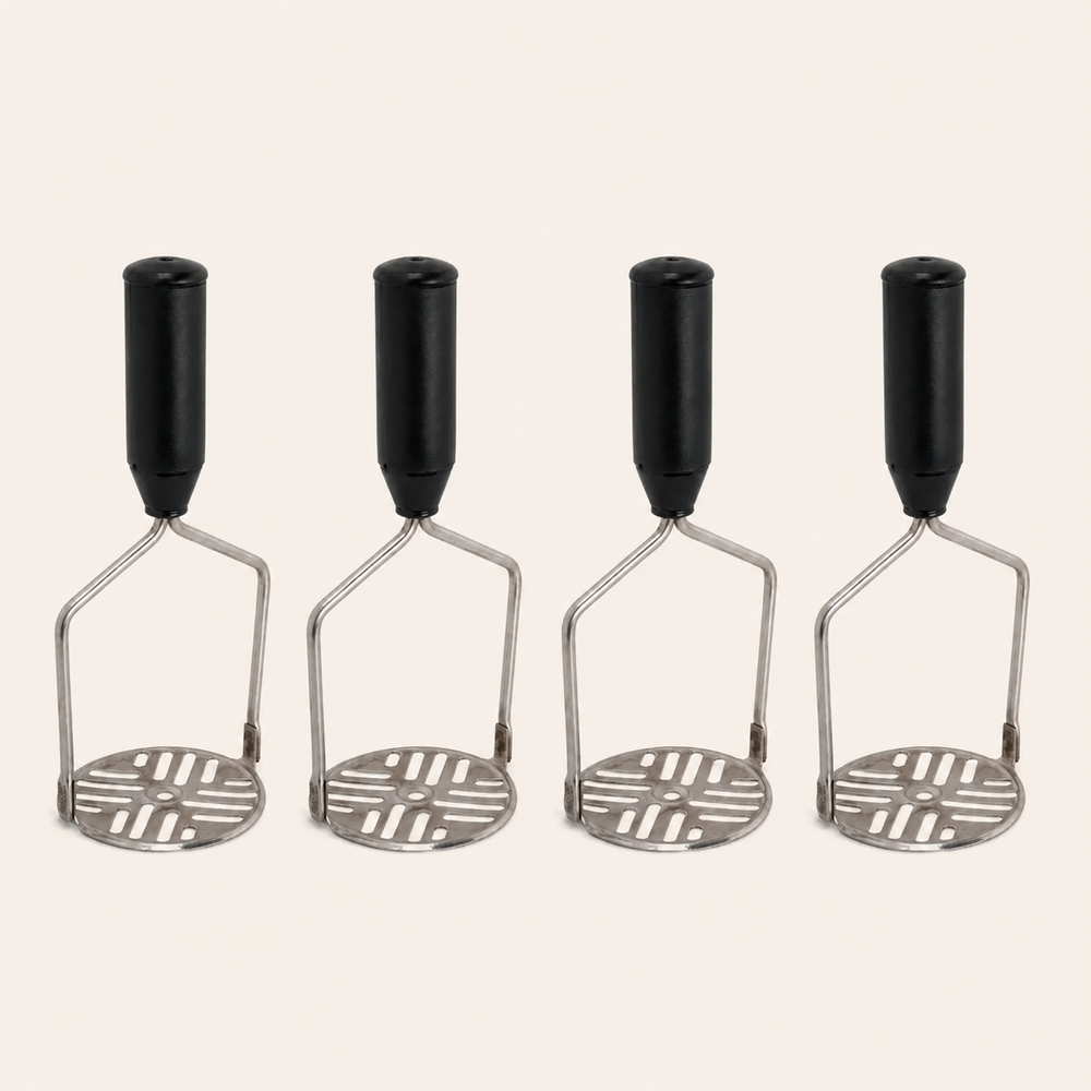 Nutristar stainless steel potato masher with black comfort grip handle and slotted mashing plate