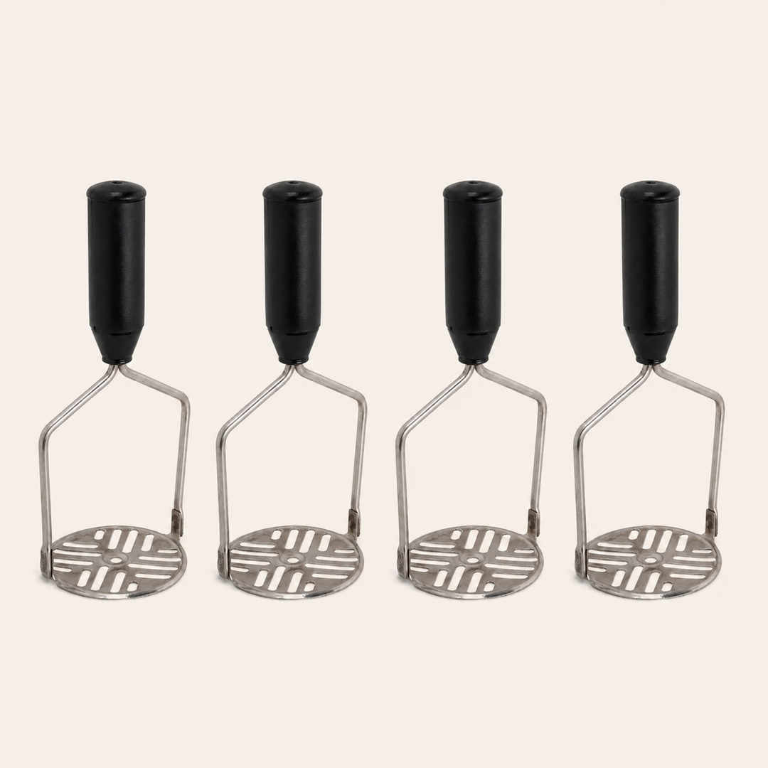 Nutristar stainless steel potato masher with black comfort grip handle and slotted mashing plate