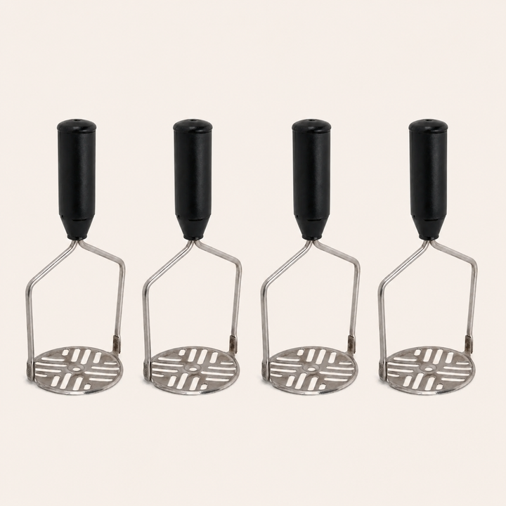 Nutristar stainless steel potato masher with black comfort grip handle and slotted mashing plate