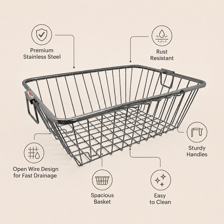 Nutristar stainless steel rectangular dish drainer basket with side handles and open wire grid base