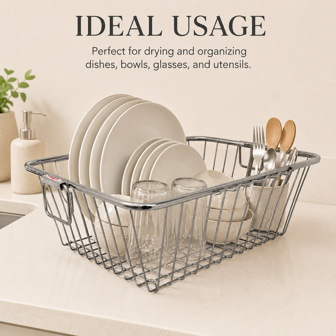 Nutristar stainless steel rectangular dish drainer basket with side handles and open wire grid base