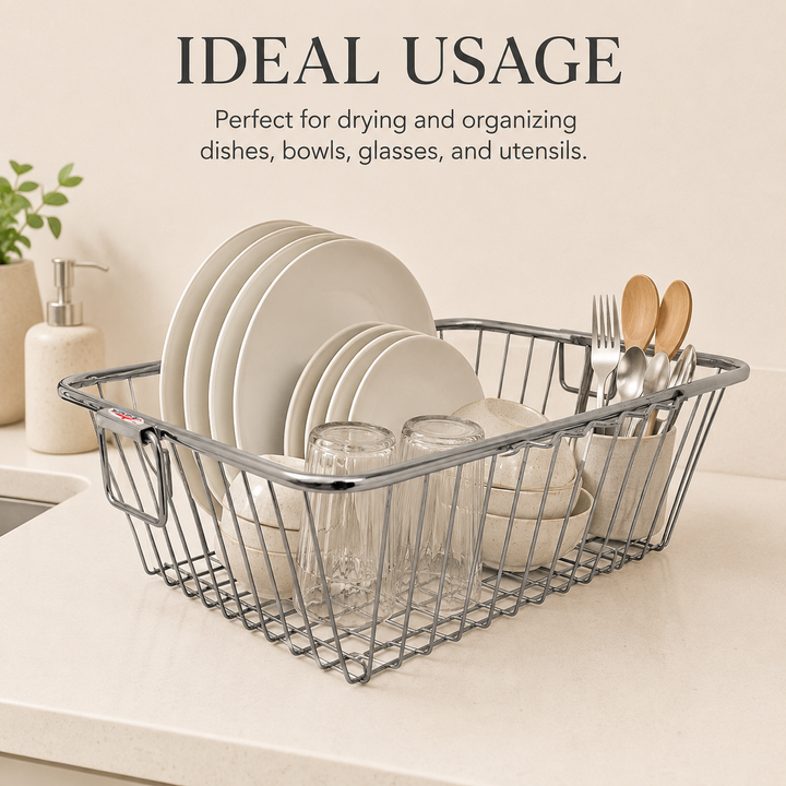 Nutristar stainless steel rectangular dish drainer basket with side handles and open wire grid base