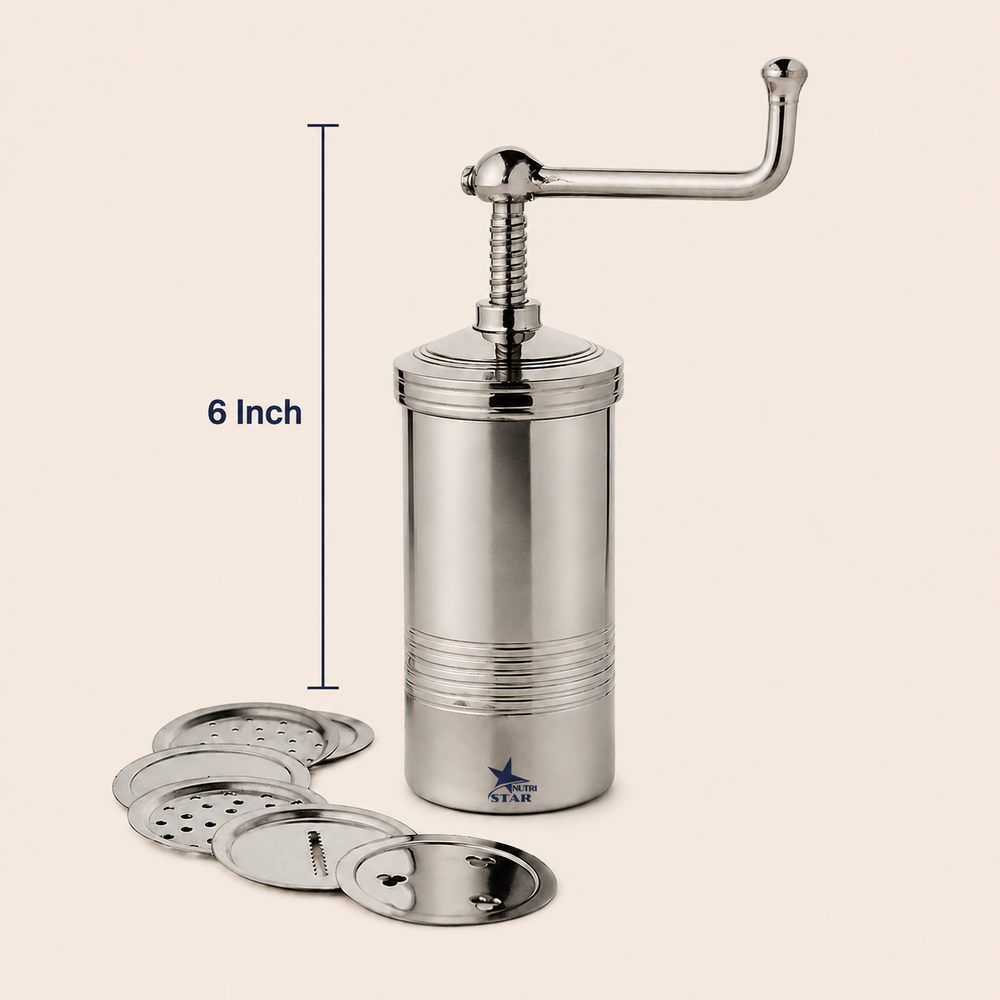 Nutristar stainless steel sev sancha and chakli maker with interchangeable jali discs and manual screw handle