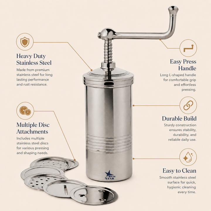 Nutristar stainless steel sev sancha and chakli maker with interchangeable jali discs and manual screw handle