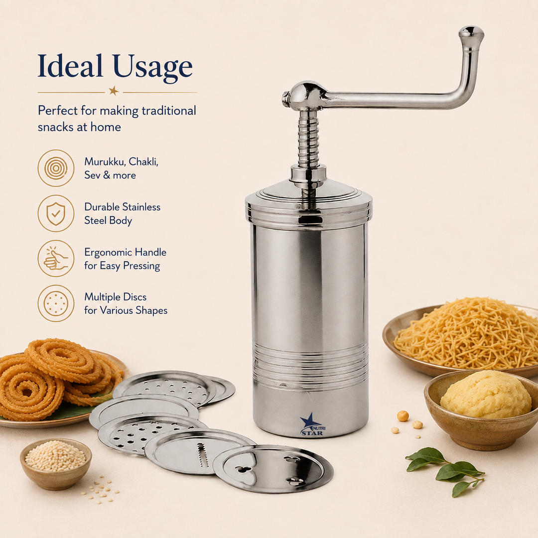 Nutristar stainless steel sev sancha and chakli maker with interchangeable jali discs and manual screw handle