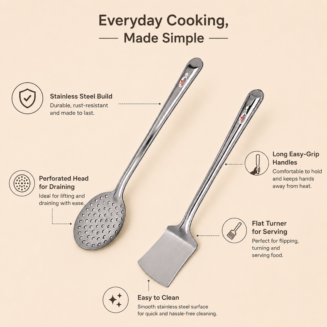 Nutristar stainless steel skimmer and flat turner 2 piece kitchen tool set
