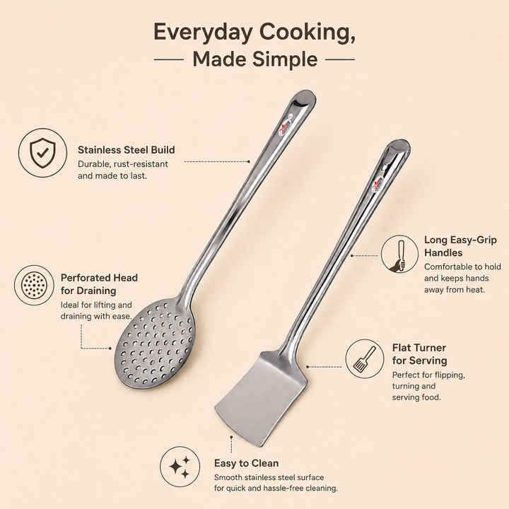 Nutristar stainless steel skimmer and flat turner 2 piece kitchen tool set