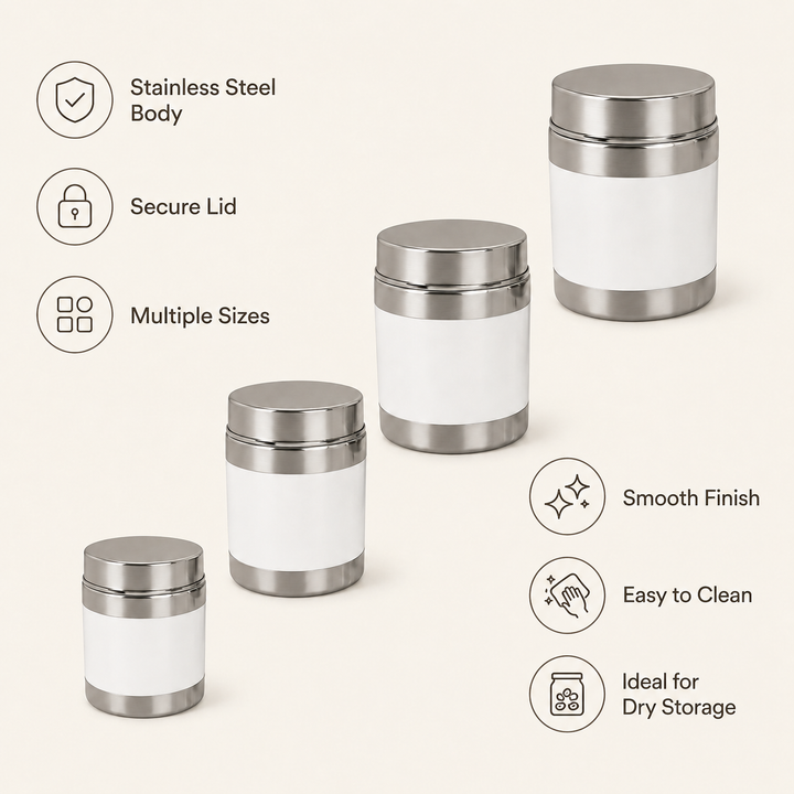 Nutristar stainless steel storage canisters with white body and lids in 150ml 300ml 450ml and 550ml sizes