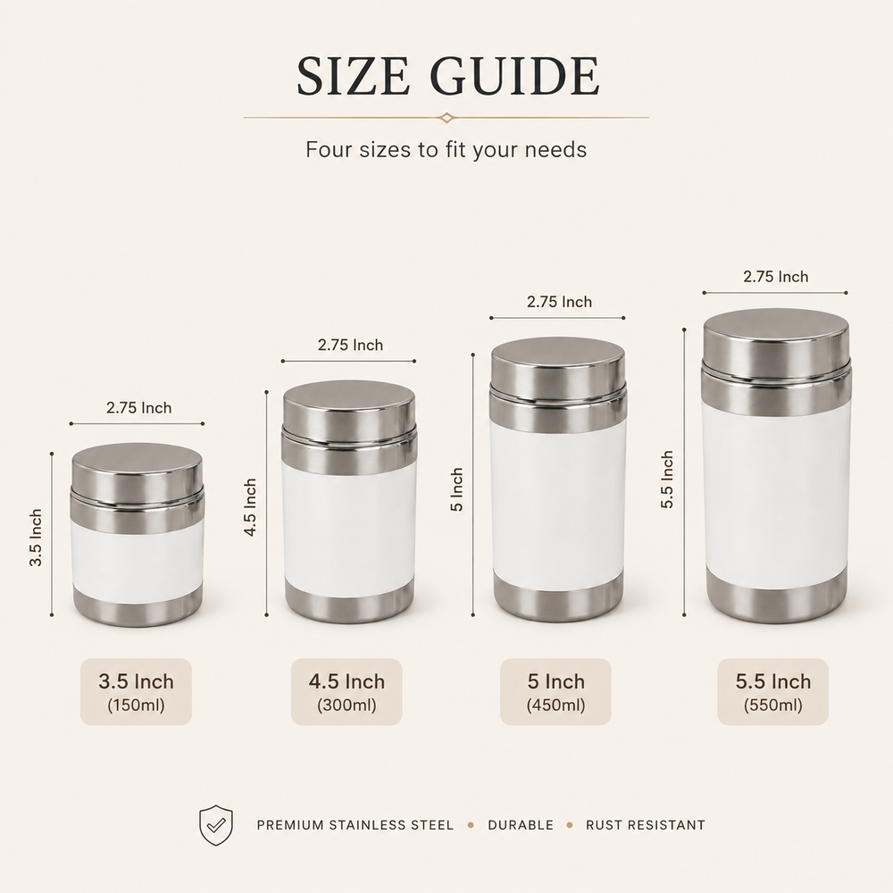 Nutristar stainless steel storage canisters with white body and lids in 150ml 300ml 450ml and 550ml sizes