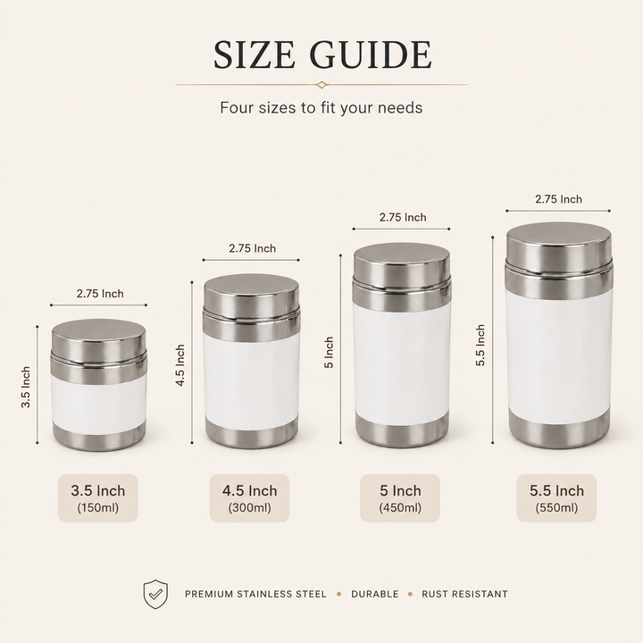 Nutristar stainless steel storage canisters with white body and lids in 150ml 300ml 450ml and 550ml sizes