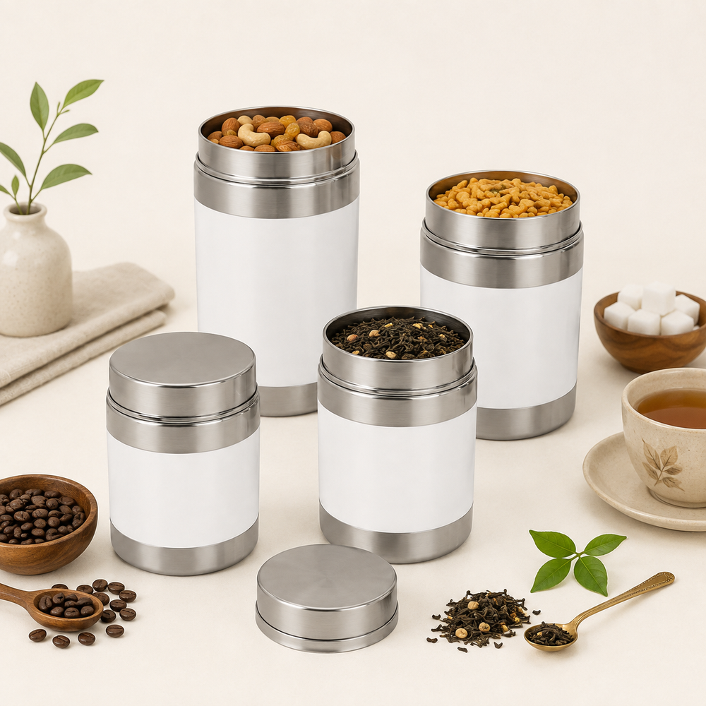 Nutristar stainless steel storage canisters with white body and lids in 150ml 300ml 450ml and 550ml with uses