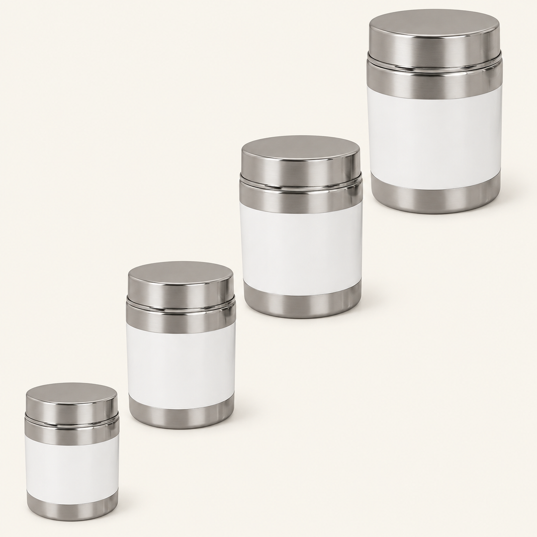 Nutristar stainless steel storage canisters with white body and lids in 150ml 300ml 450ml and 550ml sizes