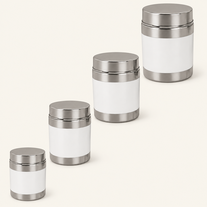 Nutristar stainless steel storage canisters with white body and lids in 150ml 300ml 450ml and 550ml sizes
