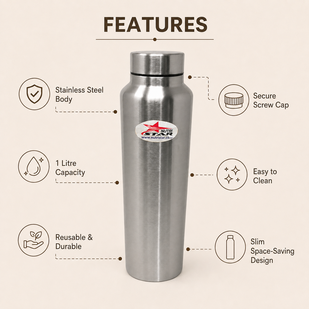 Nutristar 1 litre stainless steel water bottle with brushed finish and screw-style cap