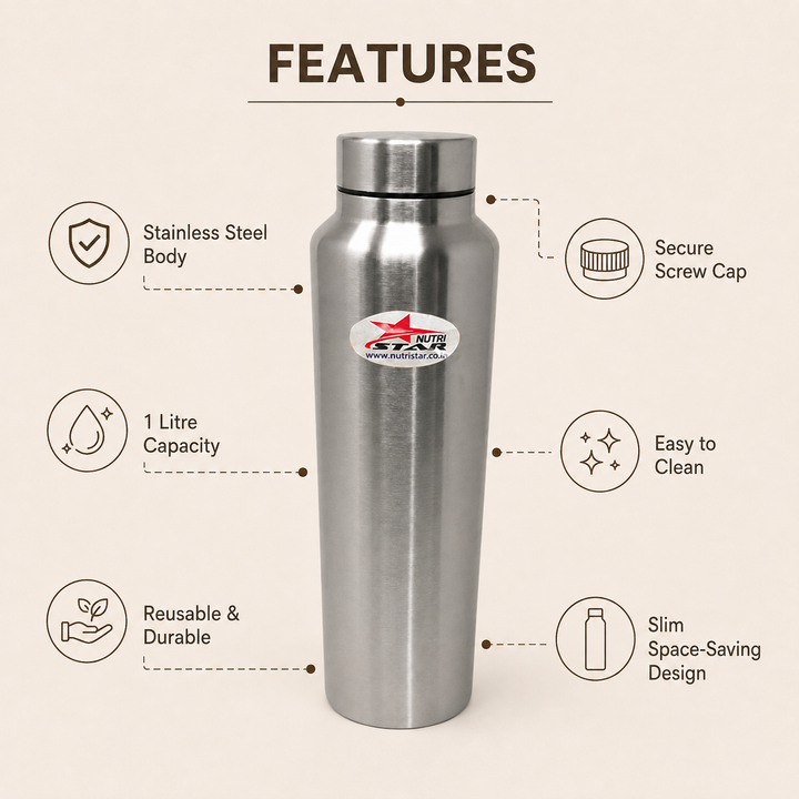 Nutristar 1 litre stainless steel water bottle with brushed finish and screw-style cap
