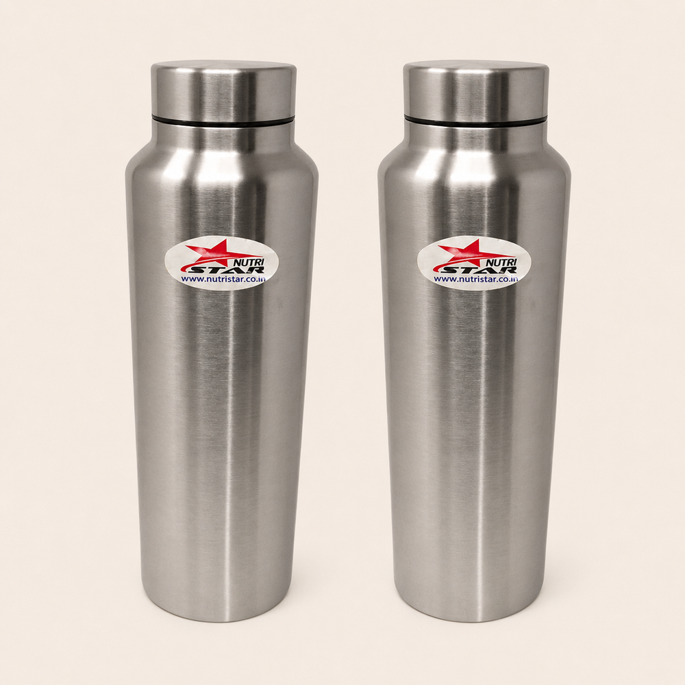 Nutristar 1 litre stainless steel water bottle with brushed finish and screw-style cap