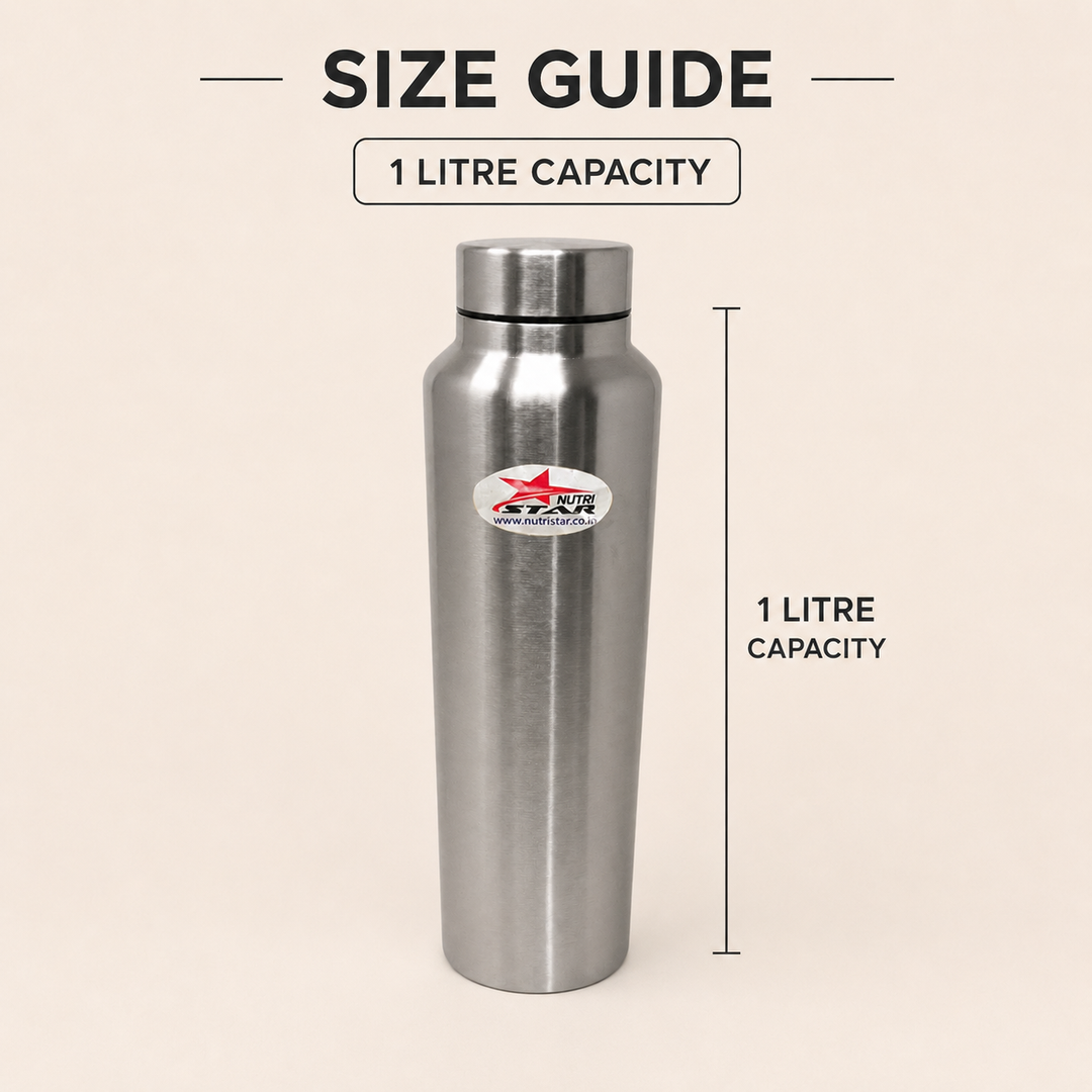 Nutristar 1 litre stainless steel water bottle with brushed finish and screw-style cap
