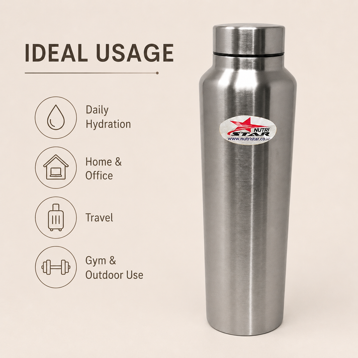 Nutristar 1 litre stainless steel water bottle with brushed finish and screw-style cap
