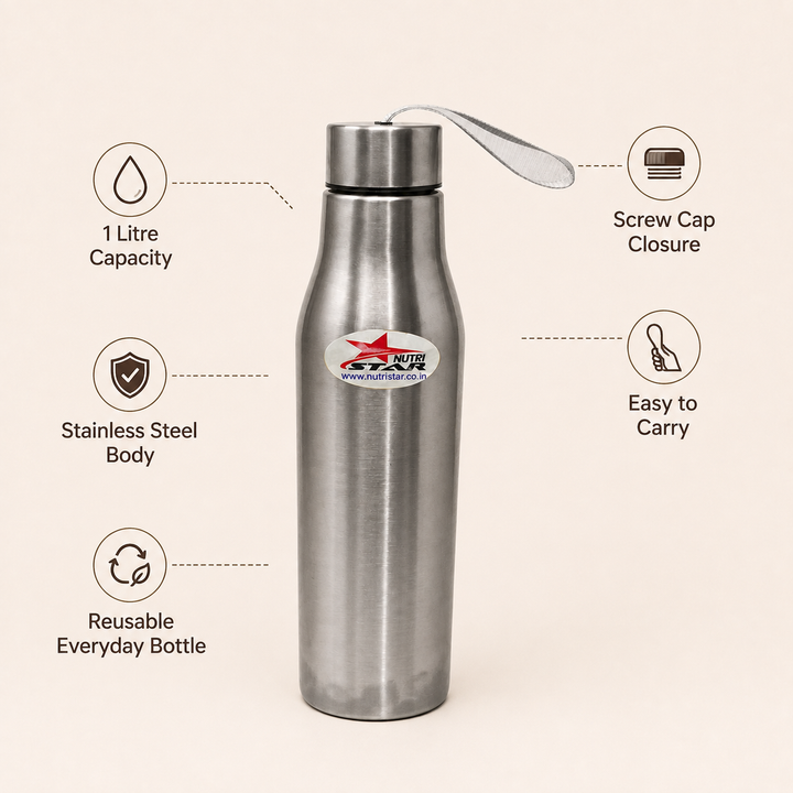 Nutristar stainless steel water bottle with carry strap 1 litre