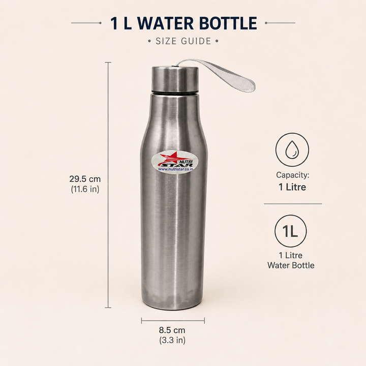 Nutristar stainless steel water bottle with carry strap 1 litre
