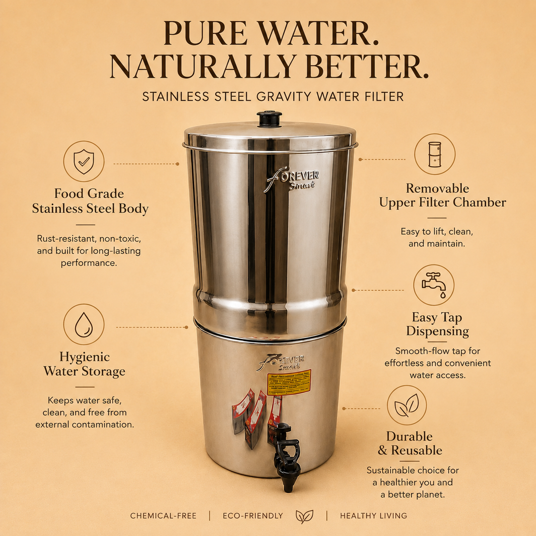 Nutristar stainless steel gravity water filter with tap and upper filtration chamber features