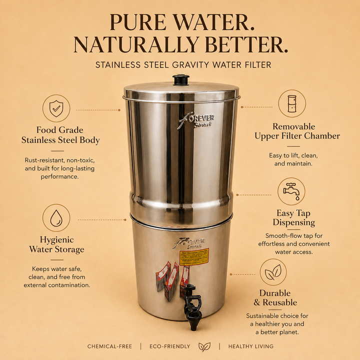 Nutristar stainless steel gravity water filter with tap and upper filtration chamber features