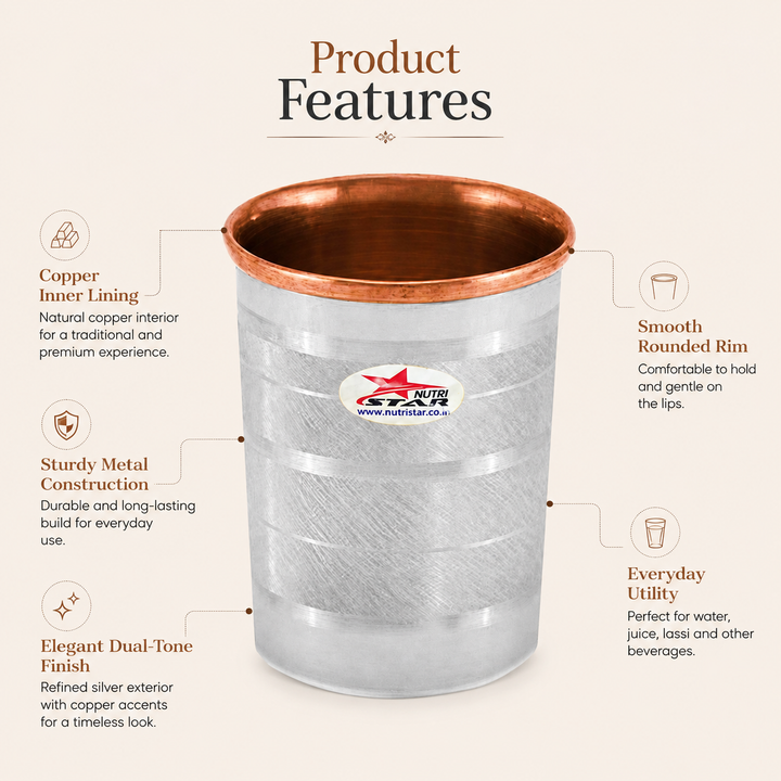 Nutristar stainless steel drinking glasses with copper inner lining and dual tone finish