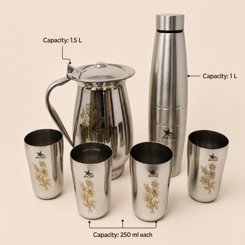 Nutristar stainless steel water serving set with jug bottle and 4 glasses